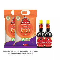 Combo 2 túi gạo thơm dẻo Neptune ST25 5kgx2 và 2 chai nước tương Nam Dương thượng hạng 210mlx2