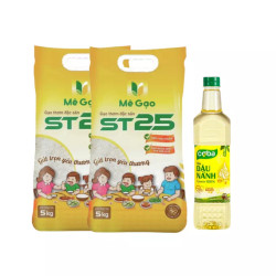 Combo 2 túi Gạo thơm đặc sản ST25 Mê Gạo túi 5kg x 2 và 1 Chai dầu ăn đậu nành Coba 1 lít