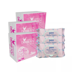 Combo khăn giấy: 3 gói khăn ăn À La Vie Bless You gói 100 tờ và 3 gói khăn ướt vải trơn Juno không mùi 100 tờ